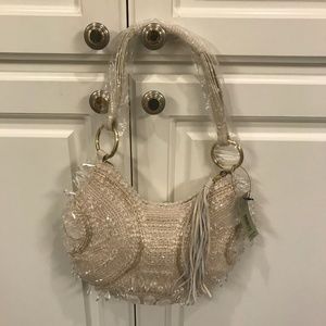 Adrienne Vittadini Ivory/Tan Beaded Floral Evening Handbag